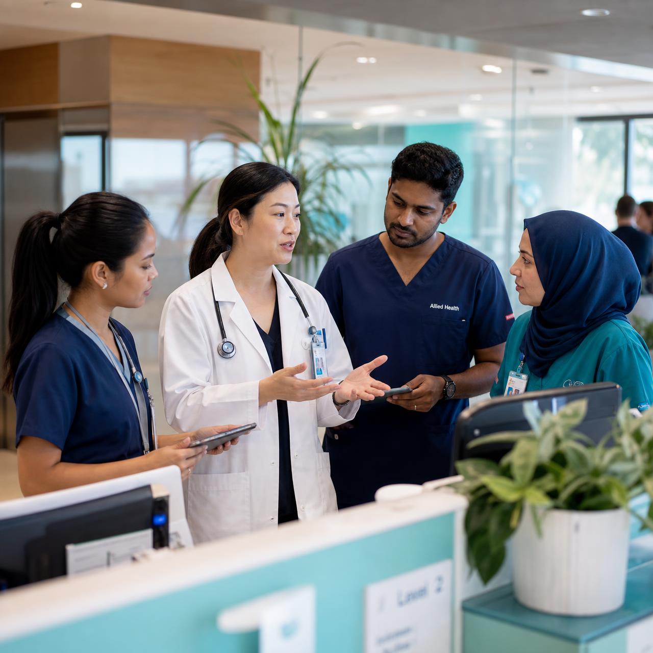 Diverse team of Australian healthcare professionals โ doctors, physiotherapists, occupational therapists, speech pathologists and nurses